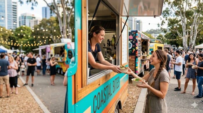 An image of a food truck named Coastal Eats serving customers at an outdoor festival, with people enjoying food and lively atmosphere in the background.