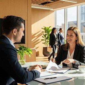 Professional business meeting in a modern office with colleagues discussing customer service strategies, highlighting AI Dial's innovative communication solutions for businesses.