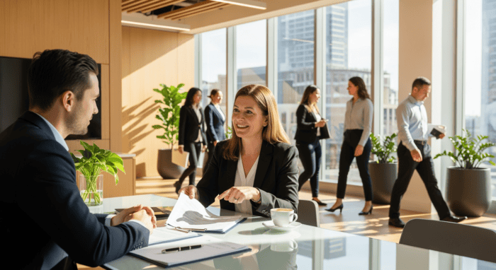 Professional business meeting in a modern office with colleagues discussing customer service strategies, highlighting AiDial's innovative communication solutions for businesses.