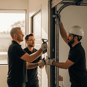 Three technicians installing industrial equipment in a modern office, showcasing professional teamwork and technical expertise in a well-lit workspace.