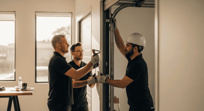 Three technicians installing industrial equipment in a modern office, showcasing professional teamwork and technical expertise in a well-lit workspace.