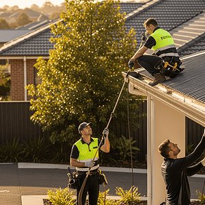 A professional team cleaning a residential roof with high-pressure equipment, ensuring effective dirt and moss removal for a clean, well-maintained roof.
