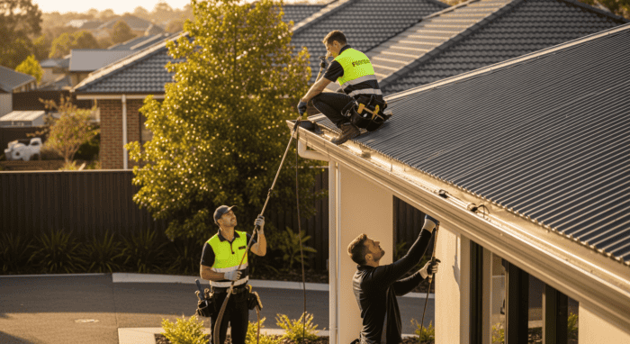A professional team cleaning a residential roof with high-pressure equipment, ensuring effective dirt and moss removal for a clean, well-maintained roof.