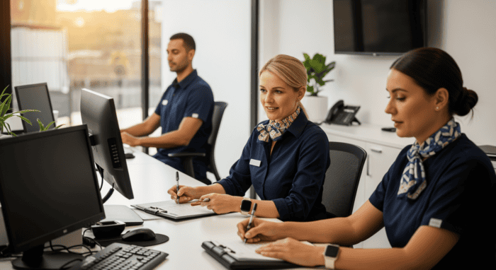 Customer support team at AiDial office using computers for call management and client assistance, showcasing professional call center environment with friendly staff.