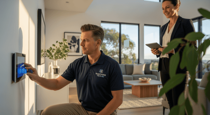 An installer setting up a smart home security system with a touchscreen control panel, demonstrating home automation and security technology in a modern living room.