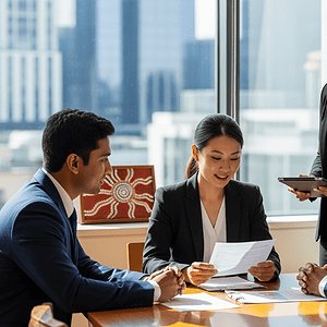 Business team discussing strategies in a modern office with large windows, showcasing collaboration and professional teamwork for AI Dial services.