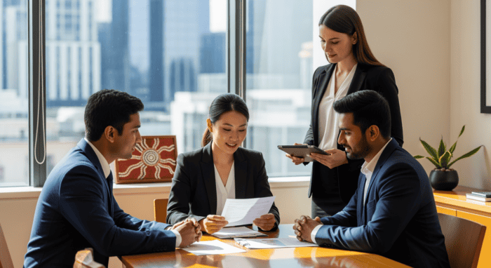 Business team discussing strategies in a modern office with large windows, showcasing collaboration and professional teamwork for AiDial services.