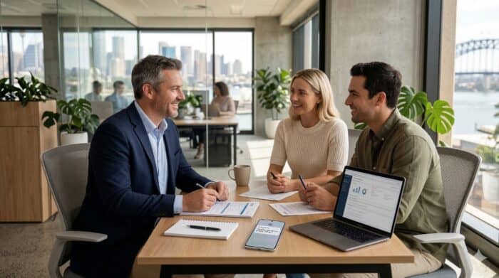An image of three professionals engaged in a business discussion in a modern office, showcasing AI-driven communication tools and digital collaboration for enhanced productivity.