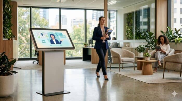 Modern office scene with two women, one standing with a tablet and the other sitting, featuring a digital kiosk for AI-powered customer service solutions in a bright, professional environment.