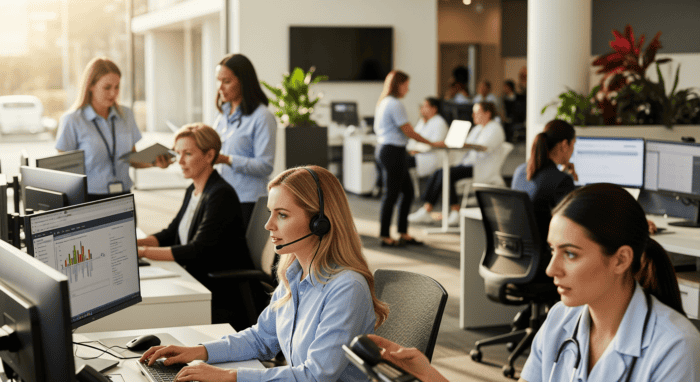 Customer support team working in a modern office with multiple agents using headsets and computers to assist clients efficiently.