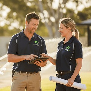 Two landscaping professionals in navy uniforms discussing garden plans outdoors, holding a tablet and blueprint, with sprinklers watering a lush lawn in the background.