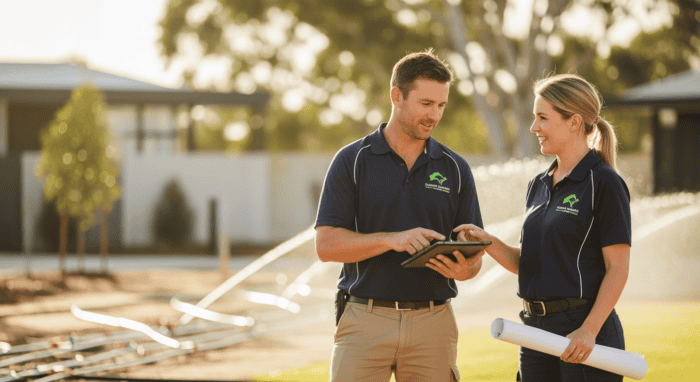 Two landscaping professionals in navy uniforms discussing garden plans outdoors, holding a tablet and blueprint, with sprinklers watering a lush lawn in the background.