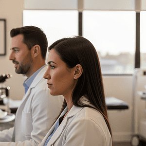 Two scientists working together in a laboratory with computers and microscopes, focusing on research and data analysis for AI-driven telecommunication solutions.
