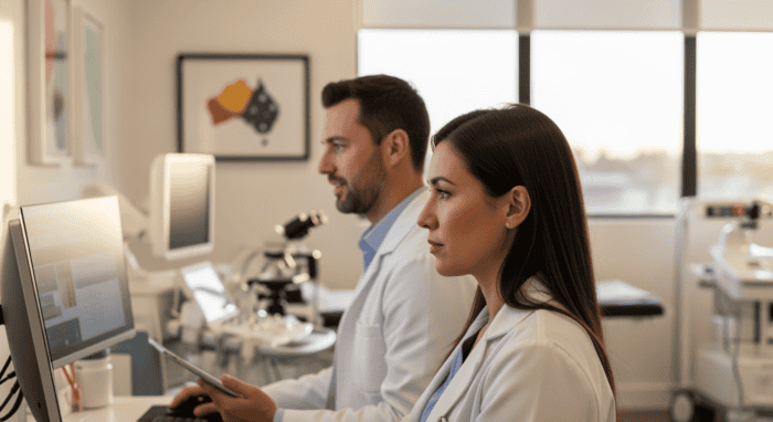 Two scientists working together in a laboratory with computers and microscopes, focusing on research and data analysis for AI-driven telecommunication solutions.