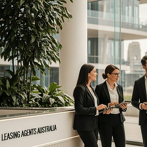 AI Dial business meeting with professionals discussing leasing solutions at a modern office building in Australia.