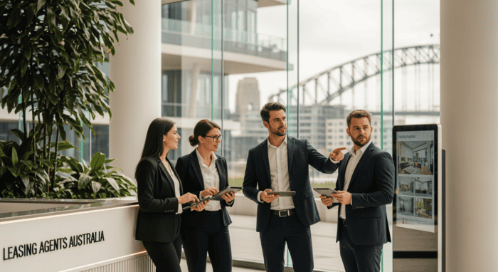AI Dial business meeting with professionals discussing leasing solutions at a modern office building in Australia.