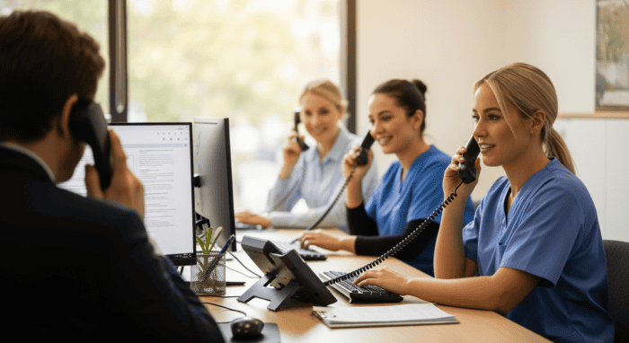 Group of professional customer support agents in blue uniforms working at desks with phones and computers, providing call center services for AiDial in a bright office environment.