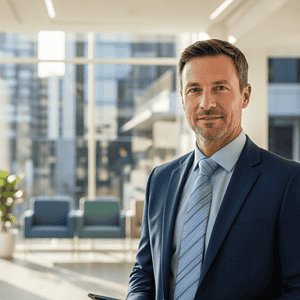 A professional businessman in a modern office environment, showcasing corporate success and innovative communication solutions offered by AiDial in Australia.