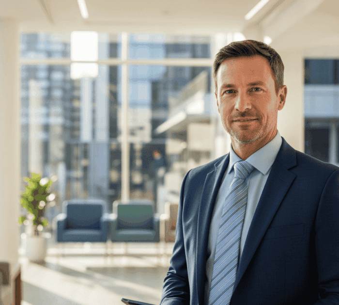 A professional businessman in a modern office environment, showcasing corporate success and innovative communication solutions offered by AiDial in Australia.
