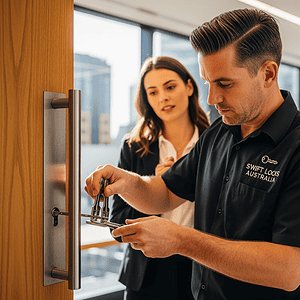 Two customer support professionals in a modern office, one using a tablet and the other observing, representing AI Dial's innovative customer service solutions in Australia.