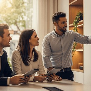 Business professionals analyzing data on a large screen in a modern office, showcasing AI-powered analytics and digital transformation solutions for enhanced decision-making.