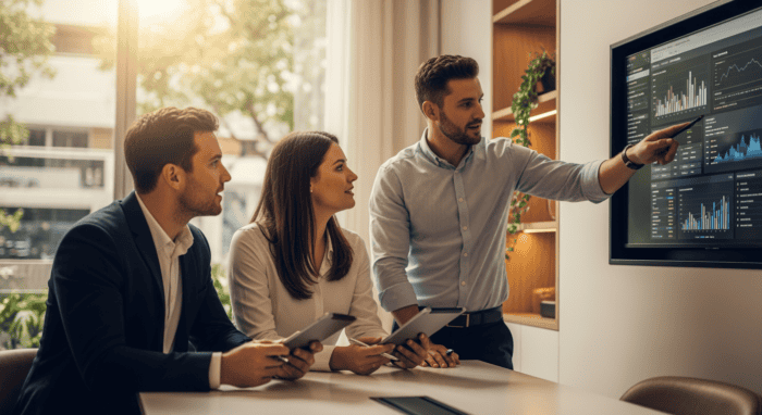 Business professionals analyzing data on a large screen in a modern office, showcasing AI-powered analytics and digital transformation solutions for enhanced decision-making.