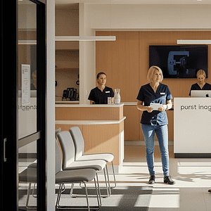 Modern office reception area with staff and visitors, featuring natural light, contemporary decor, and a welcoming environment for client meetings and business interactions.