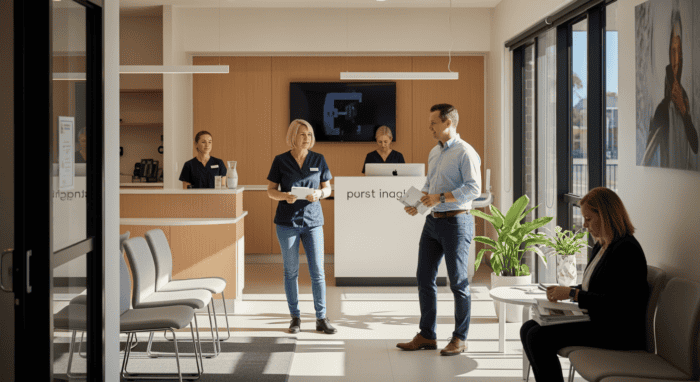 Modern office reception area with staff and visitors, featuring natural light, contemporary decor, and a welcoming environment for client meetings and business interactions.