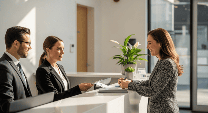 Professional customer service consultation with a woman and two representatives in a modern office setting, emphasizing AI-driven communication solutions.