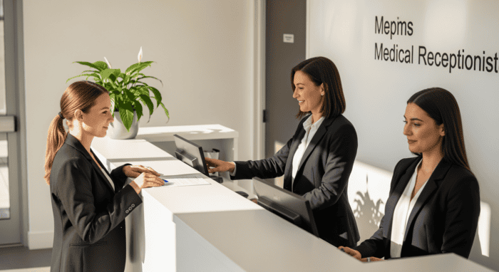 Professional medical receptionists assisting a patient at a modern healthcare reception desk, representing efficient healthcare communication and patient support services.