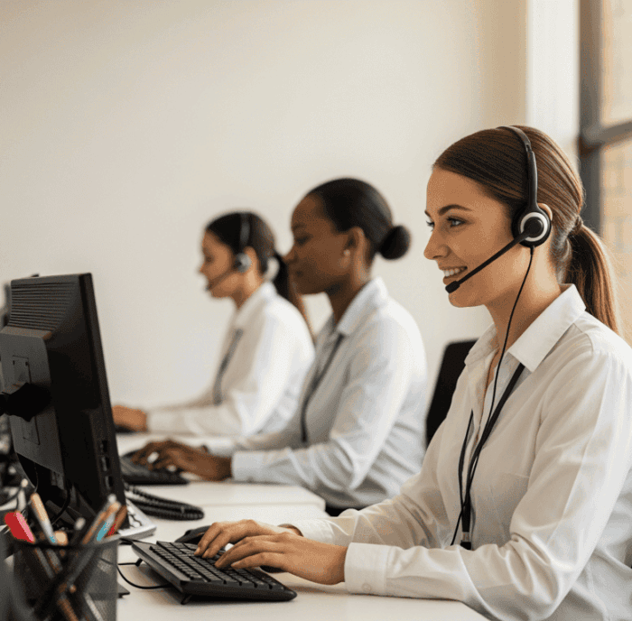 Customer support team in a call center with headsets, providing professional assistance and managing customer inquiries efficiently.