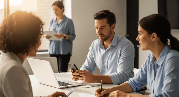 Business team collaborating in a modern office, discussing strategies and using digital devices, representing AiDial's innovative communication solutions for businesses.