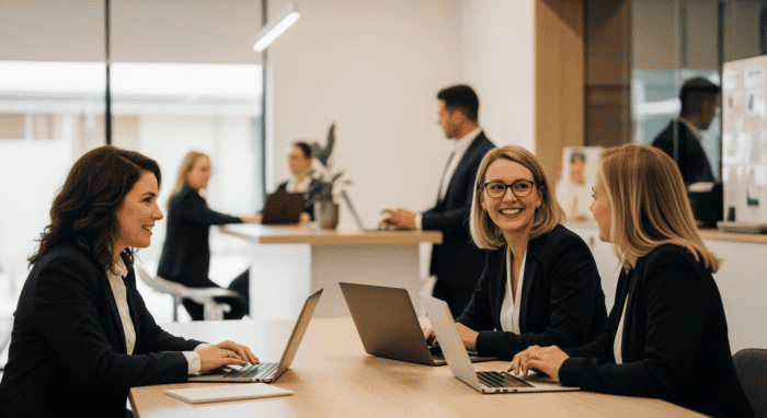 Business professionals engaging in a meeting at a modern office, showcasing teamwork and collaboration with laptops and digital devices, emphasizing AI-driven communication solutions.