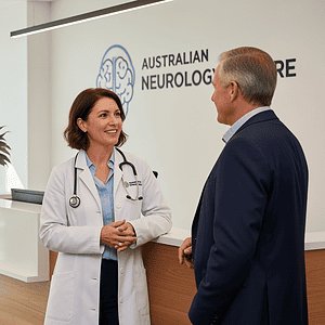 A female doctor in a white coat and stethoscope engaging in a conversation with a male patient in a modern medical reception area, with the Australian Neurology Centre logo visible in the background.