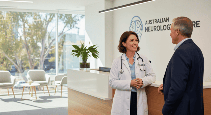 A female doctor in a white coat and stethoscope engaging in a conversation with a male patient in a modern medical reception area, with the Australian Neurology Centre logo visible in the background.