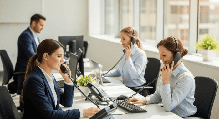 Customer support team with headsets working at desks in an office, providing professional call center services for AiDial, a leading provider of customer communication solutions.