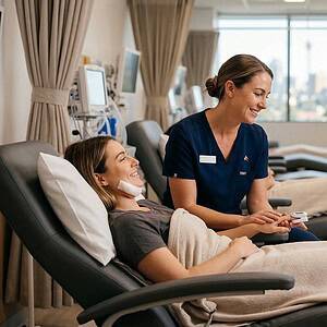 A nurse providing compassionate care to a patient in a modern healthcare setting with large windows and city views, emphasizing quality nursing services.