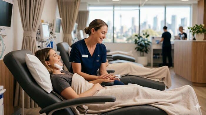 A nurse providing compassionate care to a patient in a modern healthcare setting with large windows and city views, emphasizing quality nursing services.