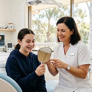 Friendly dentist and patient in a dental clinic, discussing treatment options with a mirror, promoting dental health and professional dental services in Australia.