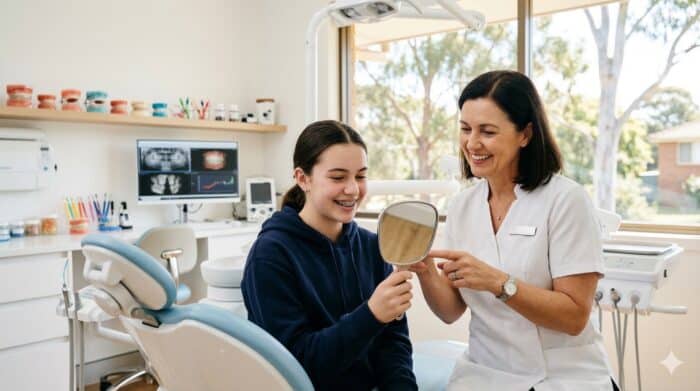 Friendly dentist and patient in a dental clinic, discussing treatment options with a mirror, promoting dental health and professional dental services in Australia.