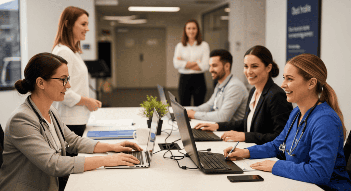 A diverse group of professionals in a modern office engaged in a team meeting, using laptops and discussing customer service strategies for AiDial.