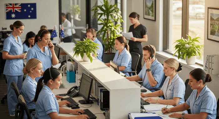 Australian call center team with healthcare professionals working at desks with computers, promoting customer support, telecommunication services, and AI-driven solutions.