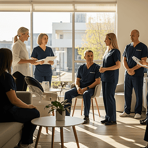 Medical professionals in a modern clinic discussing patient care strategies during a team meeting, highlighting healthcare collaboration and professional teamwork.