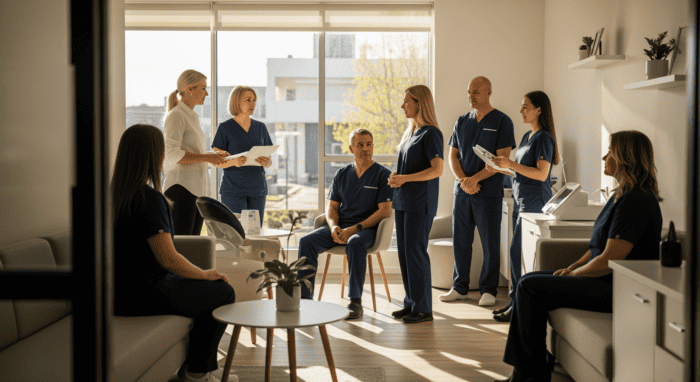 Medical professionals in a modern clinic discussing patient care strategies during a team meeting, highlighting healthcare collaboration and professional teamwork.