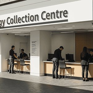 Modern pathology collection centre with patients and staff, providing medical sample collection services in a professional healthcare environment.