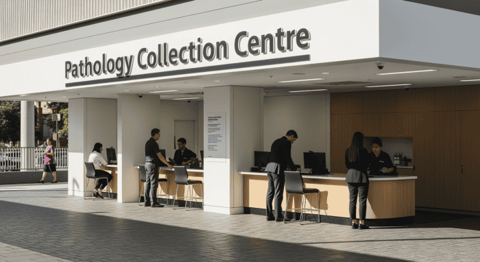 Modern pathology collection centre with patients and staff, providing medical sample collection services in a professional healthcare environment.