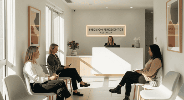 Modern dental clinic reception area at Precision Periodontics Australia with patients waiting and a friendly staff member at the desk, emphasizing professional dental care.