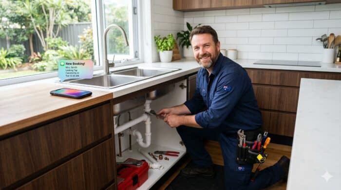 An experienced plumber repairing a pipe under a kitchen sink, showcasing plumbing services, tools, and home maintenance expertise.