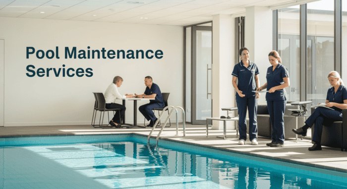A professional team providing expert pool maintenance and cleaning services at a modern indoor pool facility.