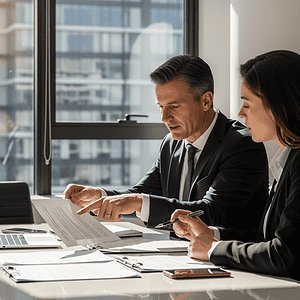 Two professionals in business suits discussing documents and using a laptop during a meeting in a bright, modern office with city views, highlighting AI Dial's innovative communication solutions.